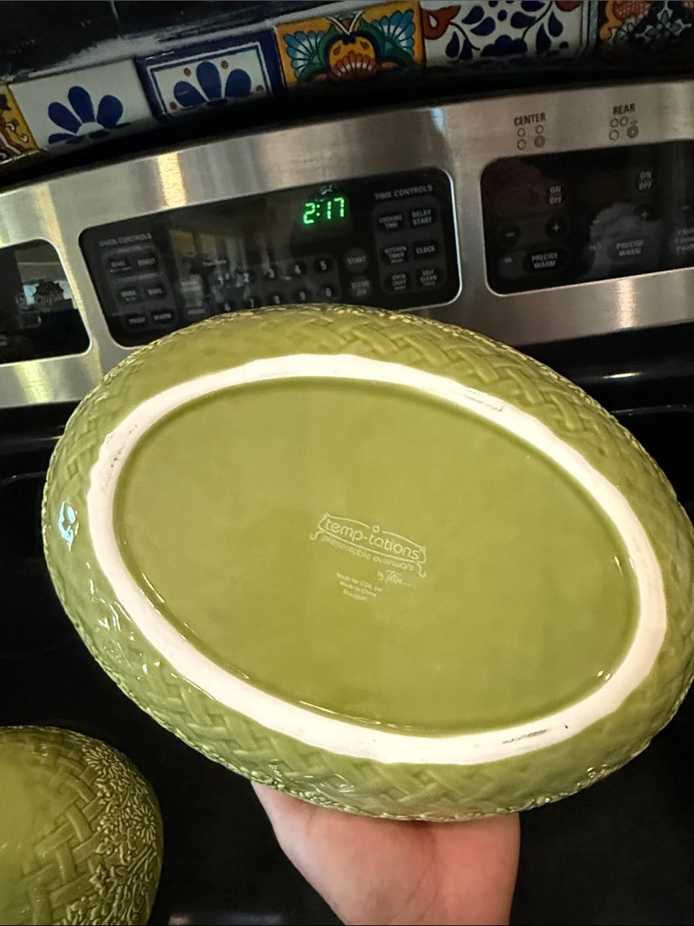 Temp-Tations Olive Green Embossed Ceramic Covered Dish